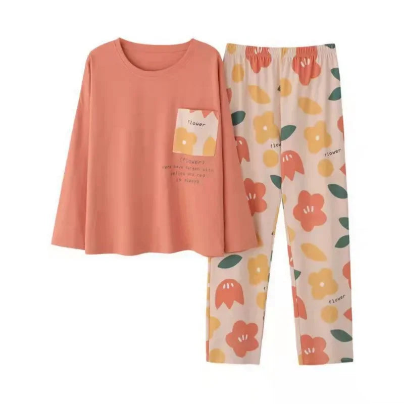 Women's Spring & Autumn Pajama Set | Long Sleeve Plus Size Loose Homewear | Simple Comfortable Sleepwear