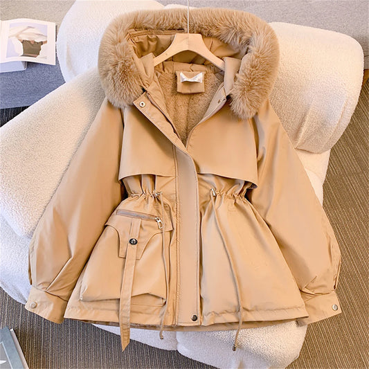 Women Autumn Winter Hooded Drawstring Padded Jacket Solid Casual Zip-Up Parka