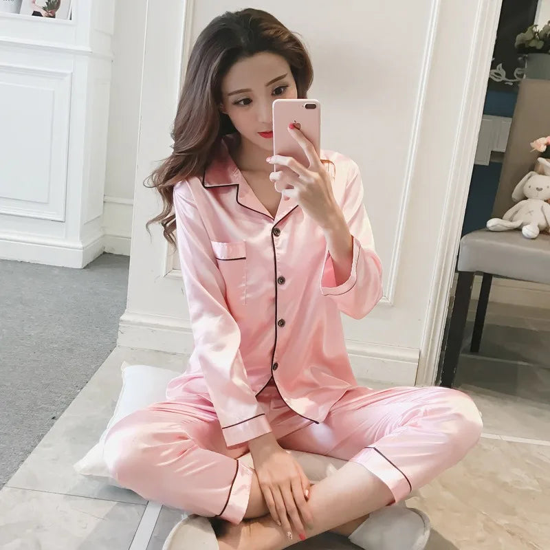 2025 Women's Silk Pajama Set | Long Sleeve Cardigan Ice Silk Sleepwear Home Clothing