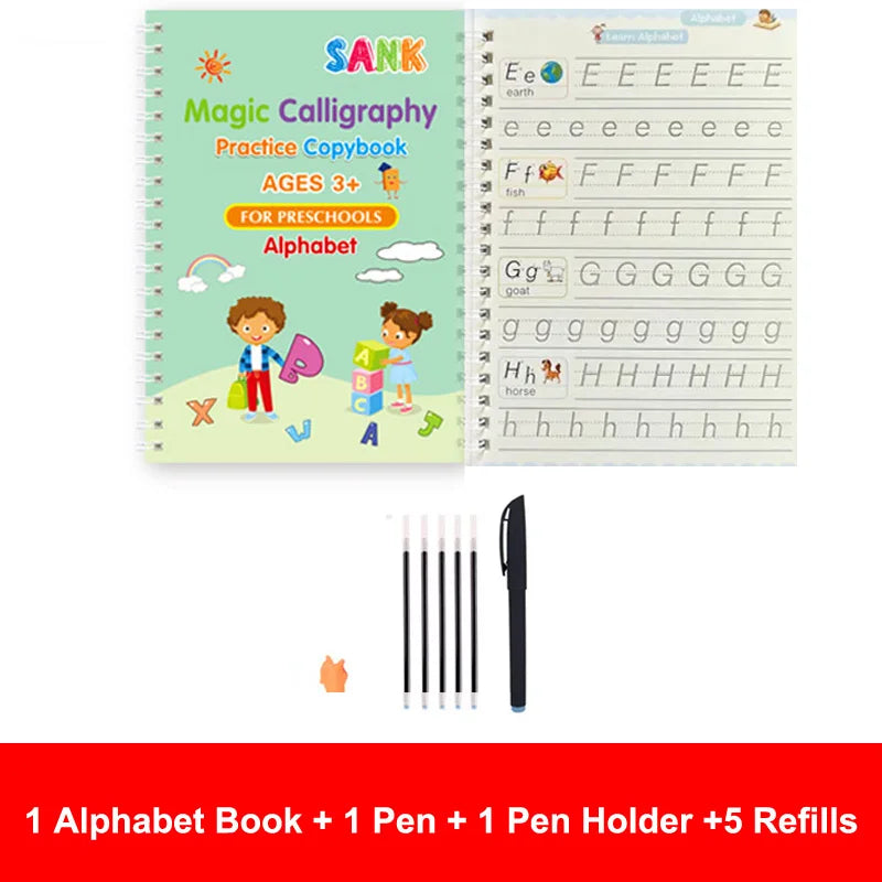 Sank Magic Practice Copybook – Reusable Kids’ English Calligraphy Writing Book with Free Wipe-Clean Pen