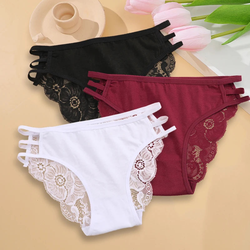 3PC Set Women's Sexy Floral Lace Low Rise Hollow Out Panties Transparent Underwear Soft Elastic Straps Lingerie