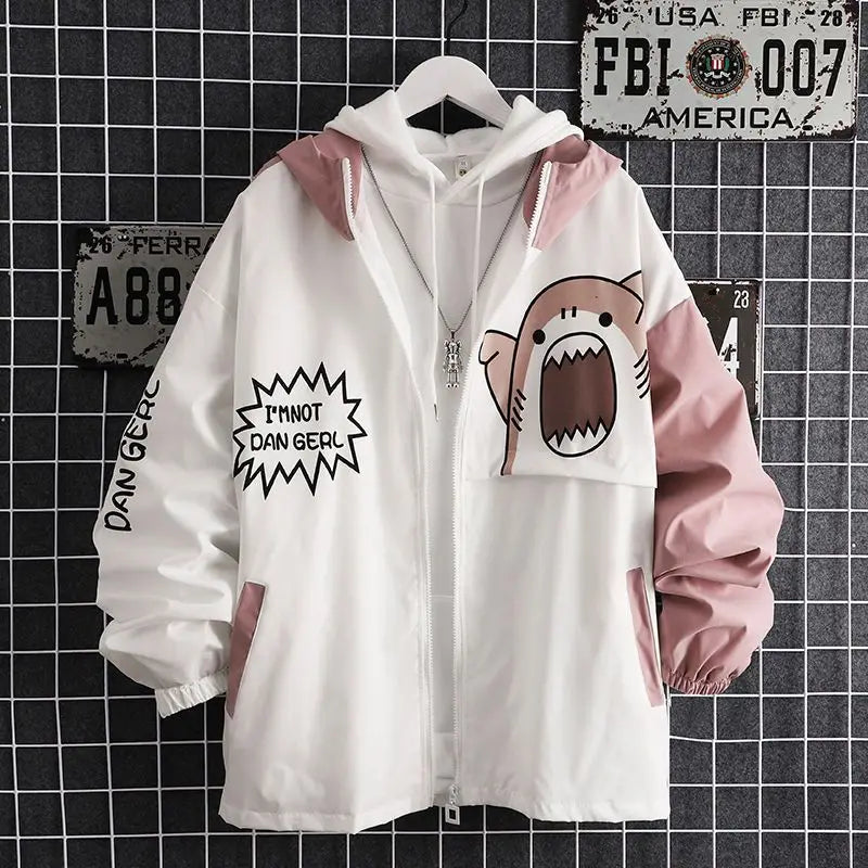 New 2025 Spring Women Hooded Shark Print Japanese Style Patchwork Harajuku Hoodie Jacket