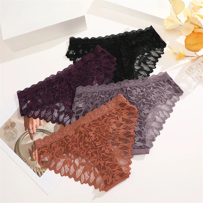 FINETOO 3PCS Lace Hollow Out Women’s Underwear – Sexy Low-Waist Floral Invisible Breathable Soft Lingerie