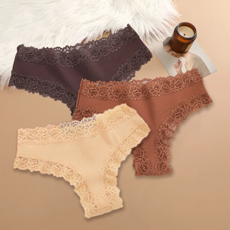 3PCS Women's Cotton Lace Brazilian Panties Soft Sexy Underwear Lingerie S-XL