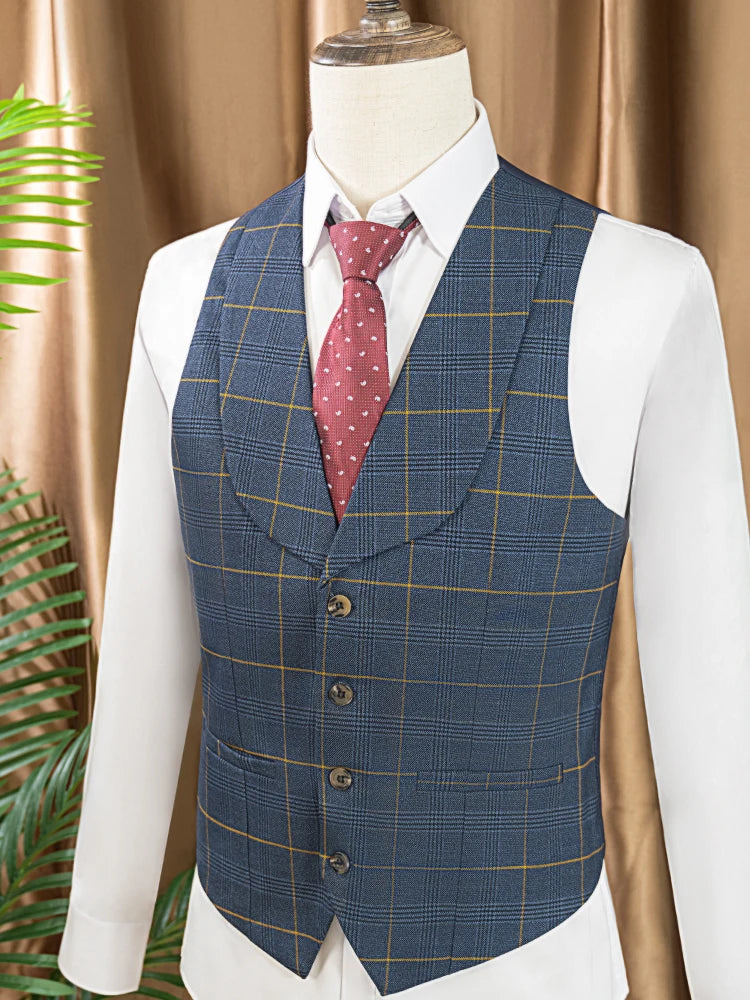 ST Cassy Men's 3-Piece Checkered Suit – Dark Blue Business, Wedding & Formal Outfit