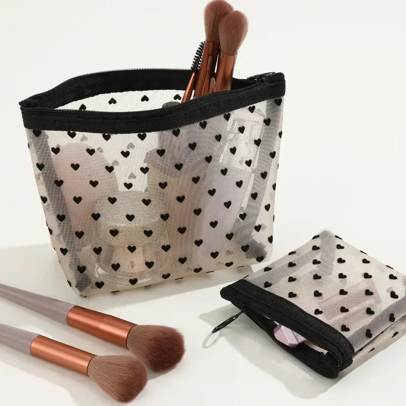 Nylon Mesh Cosmetic Bag | Heart-Shaped Toiletry Organizer for Women | Multi functional Makeup, Lipstick, Key & Coin Pouch