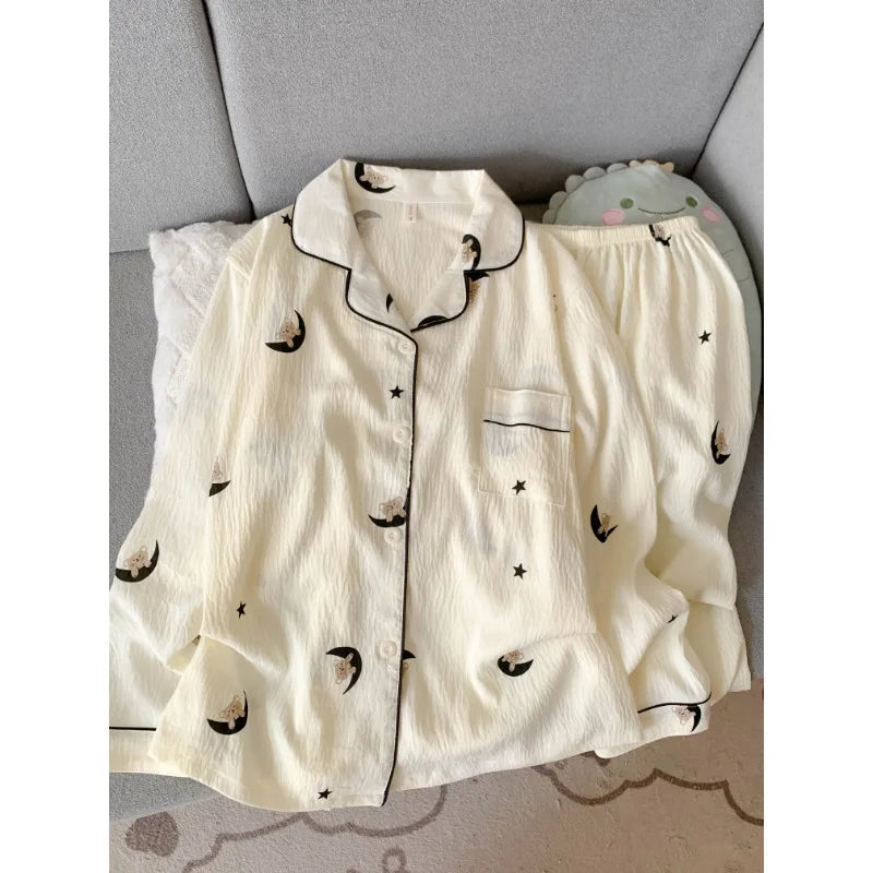 2025 Women's Moon Bear Pajama Set | Korean Style Soft 2-Piece Long Sleepwear with Lapel Neck