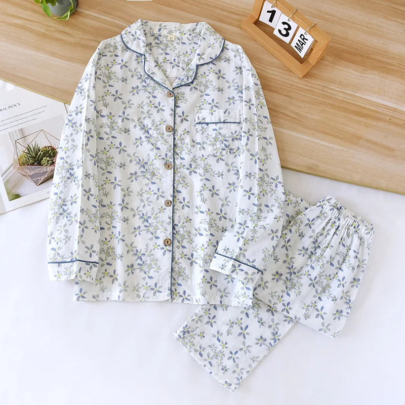 2025 Kimono Femme Maple Leaf Pajama Set | 100% Gauze Cotton Long Sleeve Sleepwear for Women | Autumn Pyjamas Hot Sale
