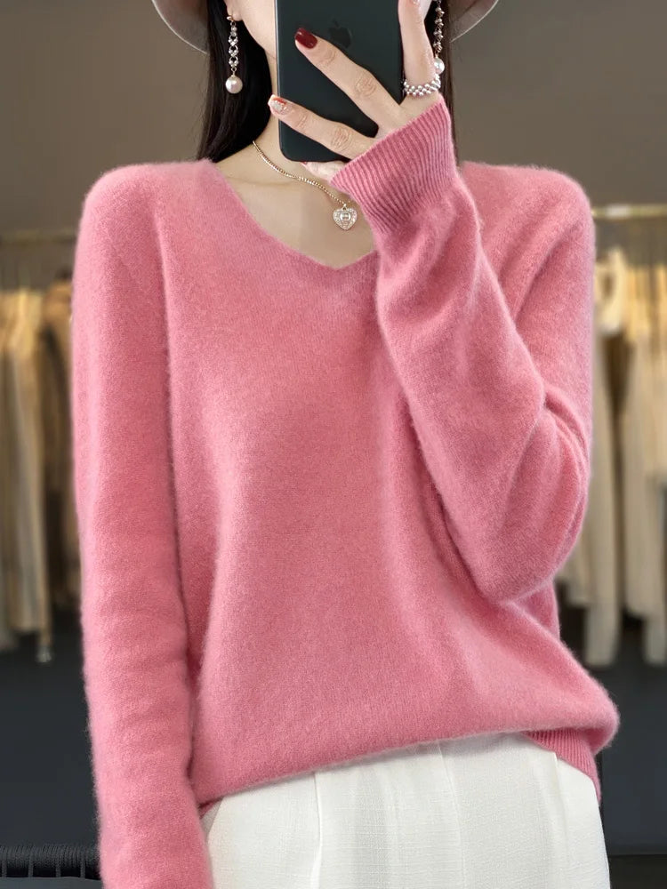Fashion 100% Merino Wool Cashmere V-Neck Sweater Women Long Sleeve Autumn Winter Knitwear