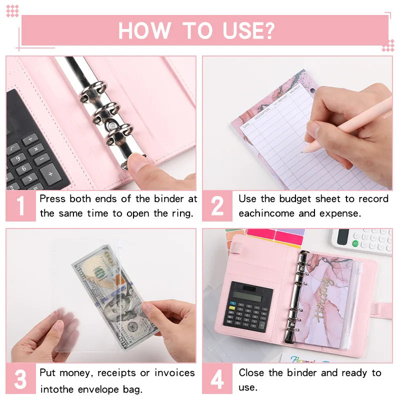A6 Marble with Calculator Money Budget Planner Binder Zipper Envelopes Cash Envelopes for Budgeting Money Organizer Binder