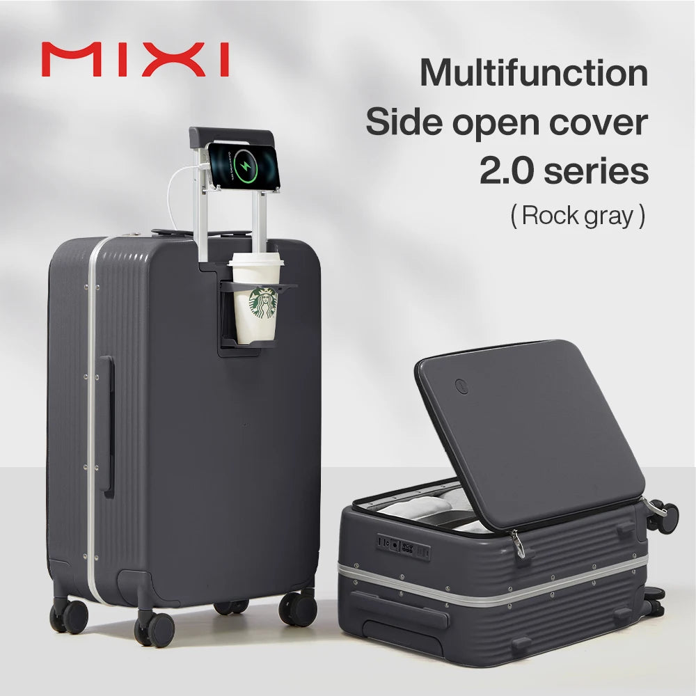 Mixi New Aluminum Frame Suitcase | Carry-On Rolling Luggage with USB, Cup & Phone Holder | 20/24 Inch Cabin Bag