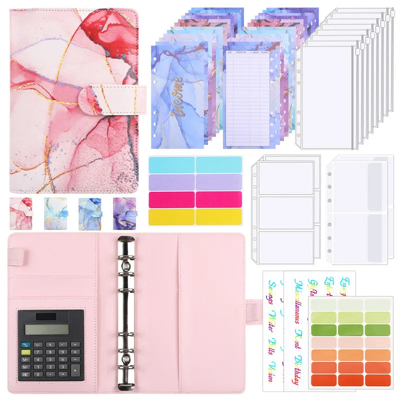 A6 Marble with Calculator Money Budget Planner Binder Zipper Envelopes Cash Envelopes for Budgeting Money Organizer Binder