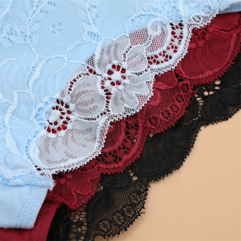 FINETOO 3PCS Women's Lace Floral Low-Waist Triple Belt Panties Soft Sexy Lingerie Underwear