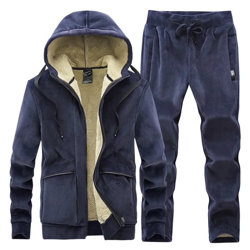 Men’s Winter Cashmere Fleece Tracksuit – Thick Warm Hooded Thermal 2-Piece Hoodie & Pants Set