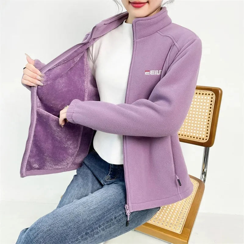 Women Stand Collar Polar Fleece Jacket Autumn Winter Loose Zipper Thickened Coat Large Size 5XL