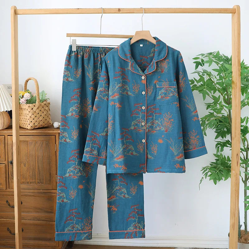 2025 Spring & Summer Women's Pajama Set | 100% Cotton Crepe Long Sleeve Top & Trousers | Floral Leaf Two-Piece Homewear