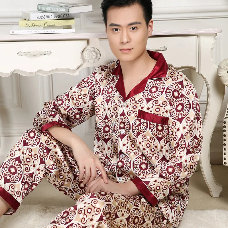 Men's High Quality Pajama Set | Spring & Autumn Thin Ice Silk Polyester Sleepwear | Long Sleeve Plus Size Summer Homewear