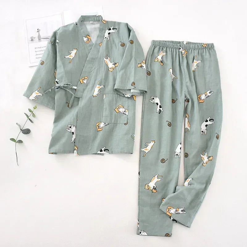 2025 Japanese Style Women's Kimono Pajama Set | 100% Cotton Gauze Seven Sleeve Two-Piece | Cute Spring & Autumn Homewear