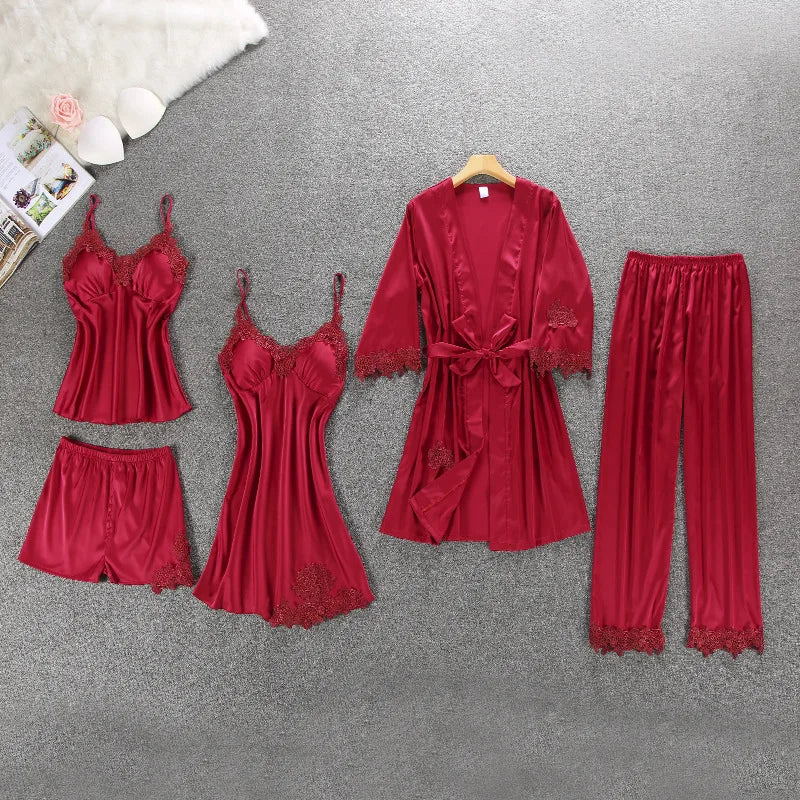 1/4/5PCS Women's Satin-Like Robe & Pajama Set | Lace V-Neck Cami Nightdress | Comfortable Home Sleepwear