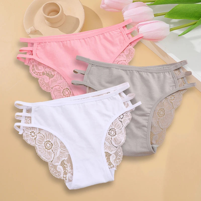 3PC Set Women's Sexy Lace Low Rise Hollow Out Floral Panties Transparent Soft Elastic Lingerie