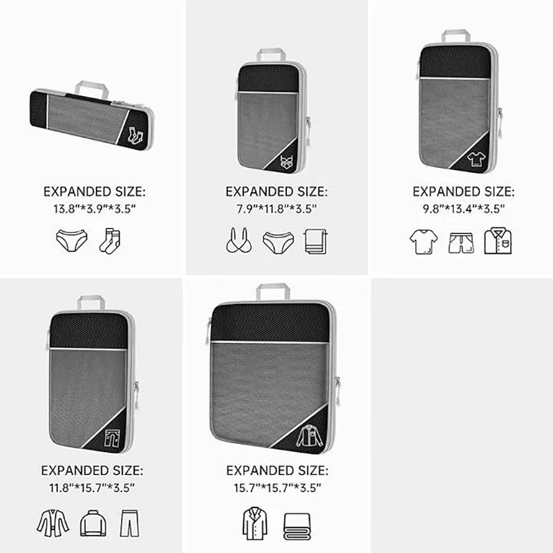 5PCS Travel Compressed Packing Cubes Set | Lightweight Portable Luggage Organizer with Shoe Bag & Mesh Storage