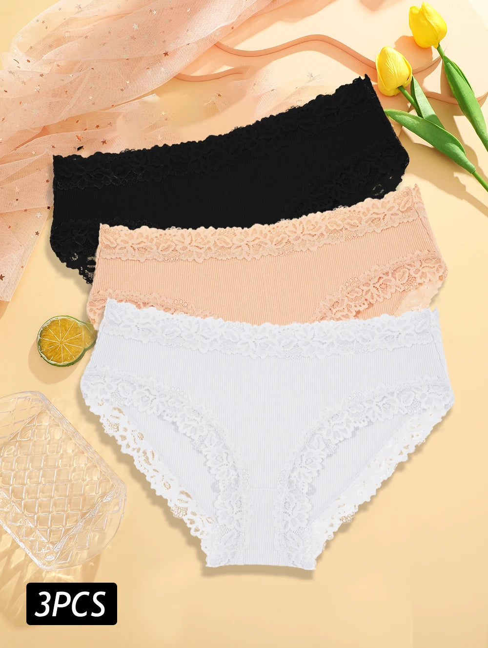 3PCS Set Women's Sexy Lace Cotton Low Rise Panties Floral Seamless Soft Breathable Underwear S-XL