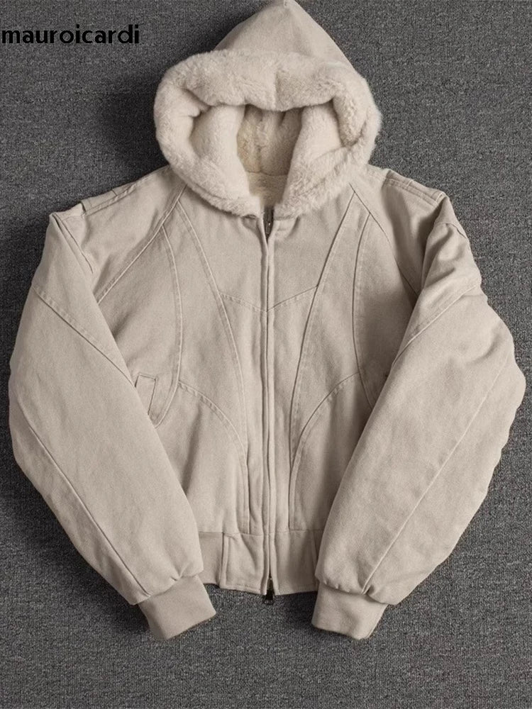 Autumn Winter Oversized Canvas Padded Jacket – Thickened Warm Faux Fur Hoodie