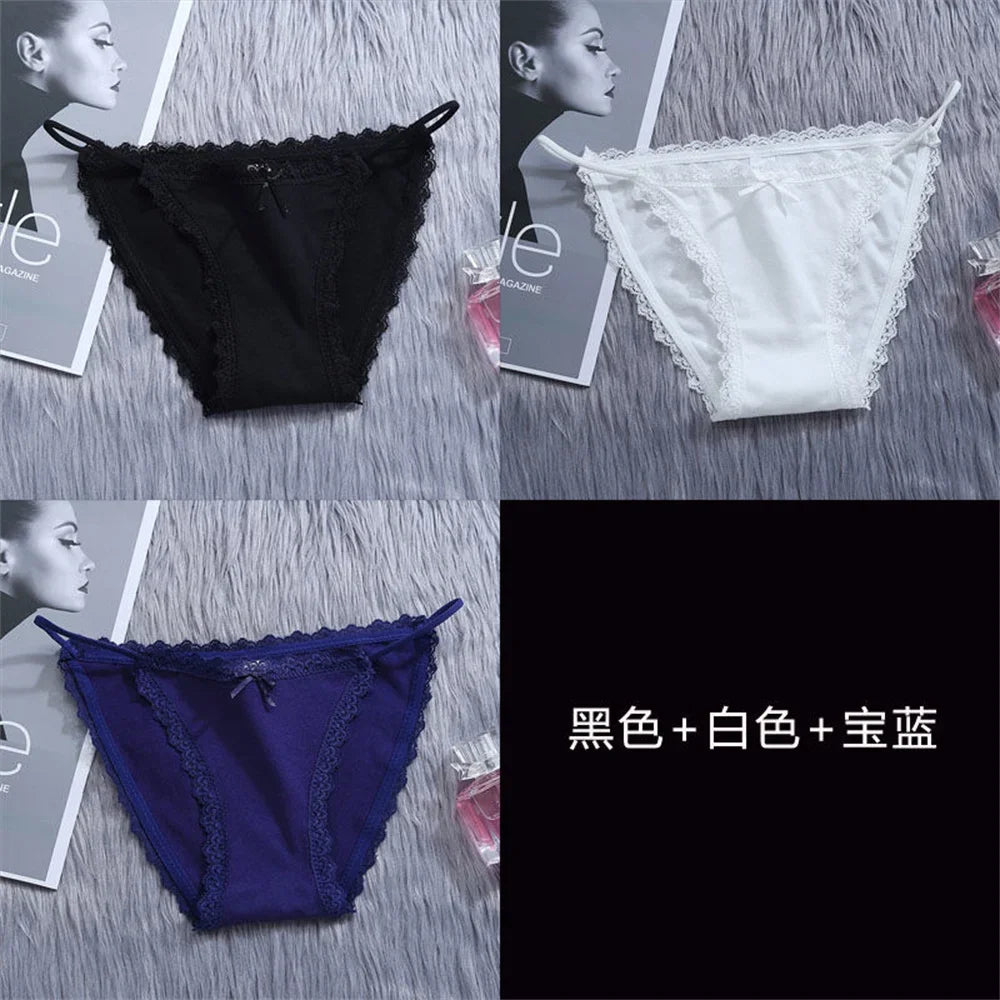 3PCS Women's Traceless Ice Silk Briefs Nylon Lace Trim Low Waist Breathable Cotton Crotch Panties