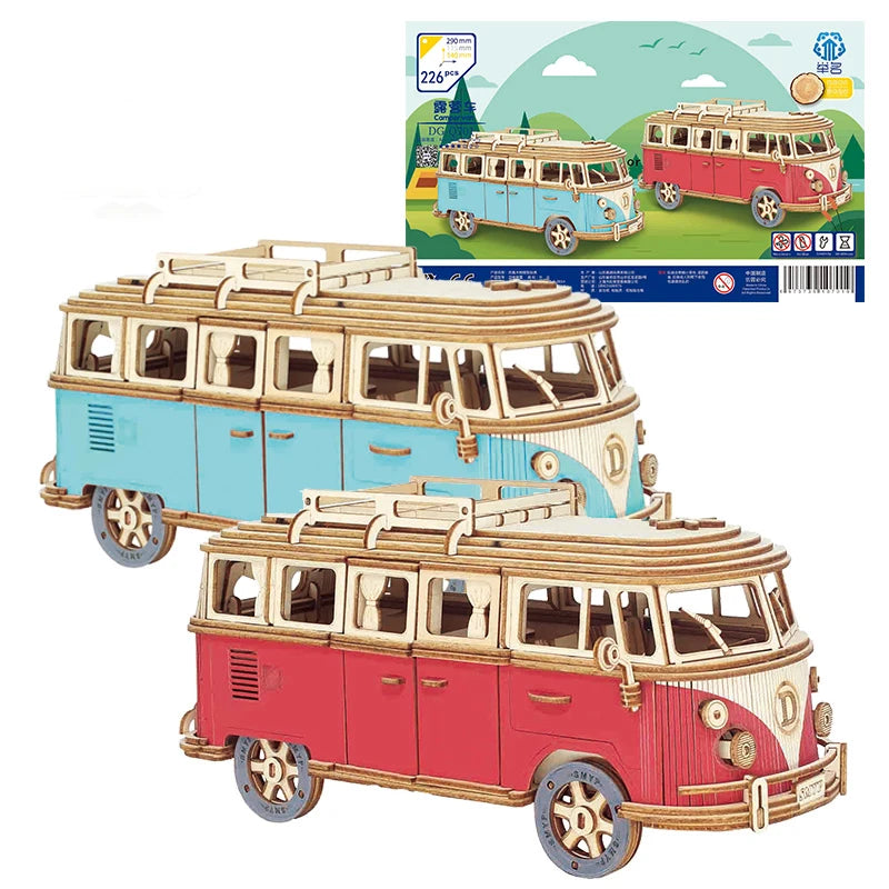 Retro Bus & European-Style Campervan 3D Wooden Puzzle – DIY Car, Airplane & Sailing Ship Model Toy for Kids