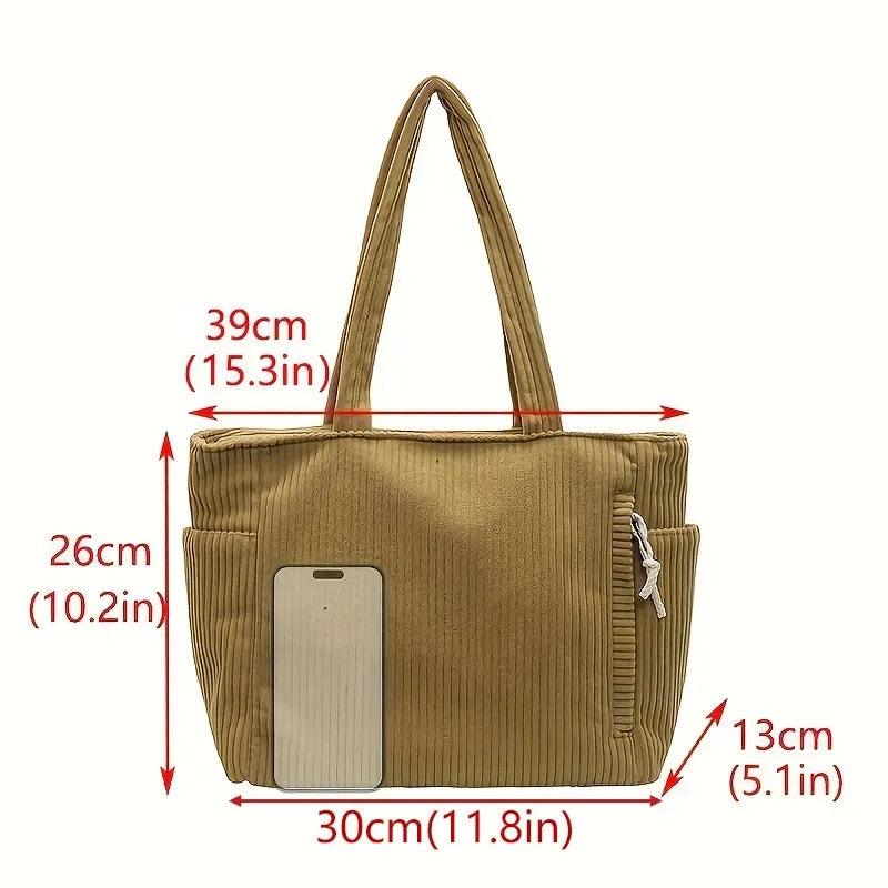 Women’s Corduroy Handbag • Large Capacity Shoulder Bag with Zipper • Casual Solid Color Tote for Daily & Commuter Use