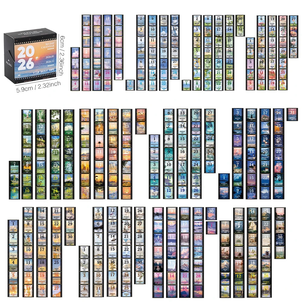 2026 Washi Tape Calendar – Vintage Film Daily Pull-Out Sticker Calendar with 365-Day Aesthetic Tape