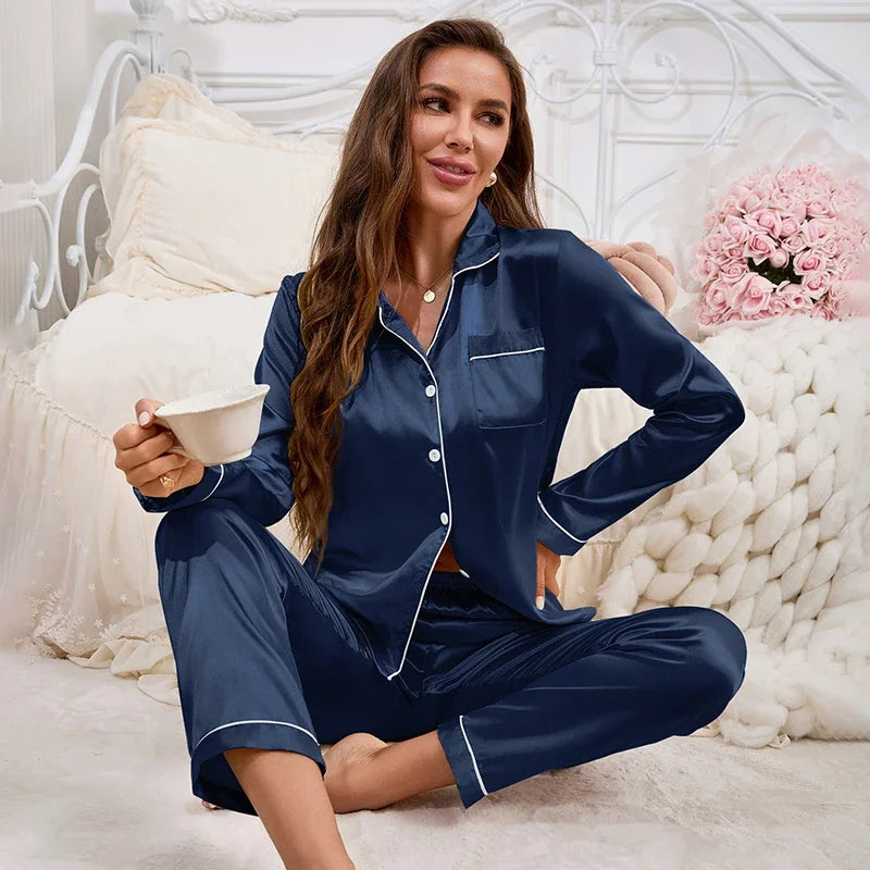 Autumn Women's Satin Pajama Set | Luxurious Long Sleeve Lapel Top & Pants Sleepwear Loungewear