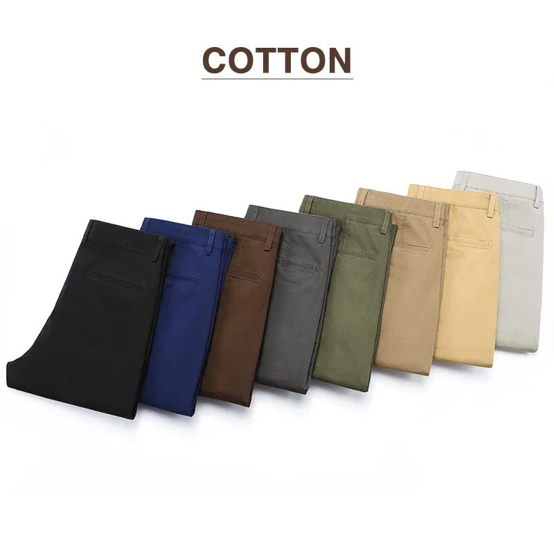 97% Cotton Men's Casual Pants | Autumn Fashion Comfortable Elastic Slim Straight Business Trousers | Black, Army Green, Khaki