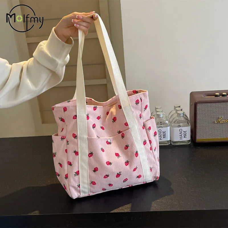 Women’s Strawberry Corduroy Handbag • Cute Fashion Shoulder Tote • Versatile Casual & Commuter Bag