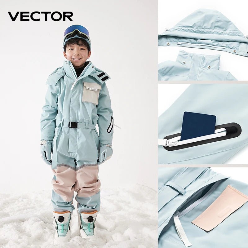 Children’s Thick One-Piece Ski Jumpsuit – Waterproof Hooded Snowboard Jacket & Overalls, Warm Winter Outdoor Sports Wear