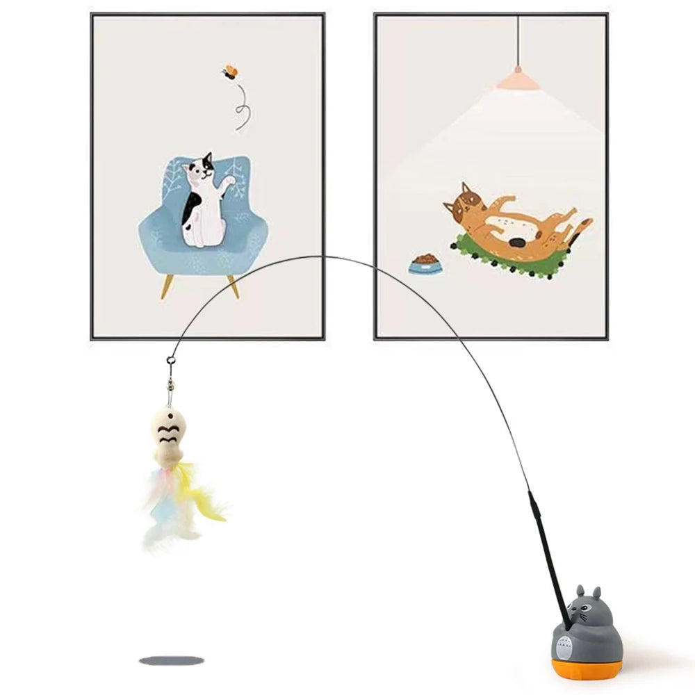 Cat Teasing Stick with Feather & Bells – 360° Rotating Steel Wire Interactive Toy for Cats