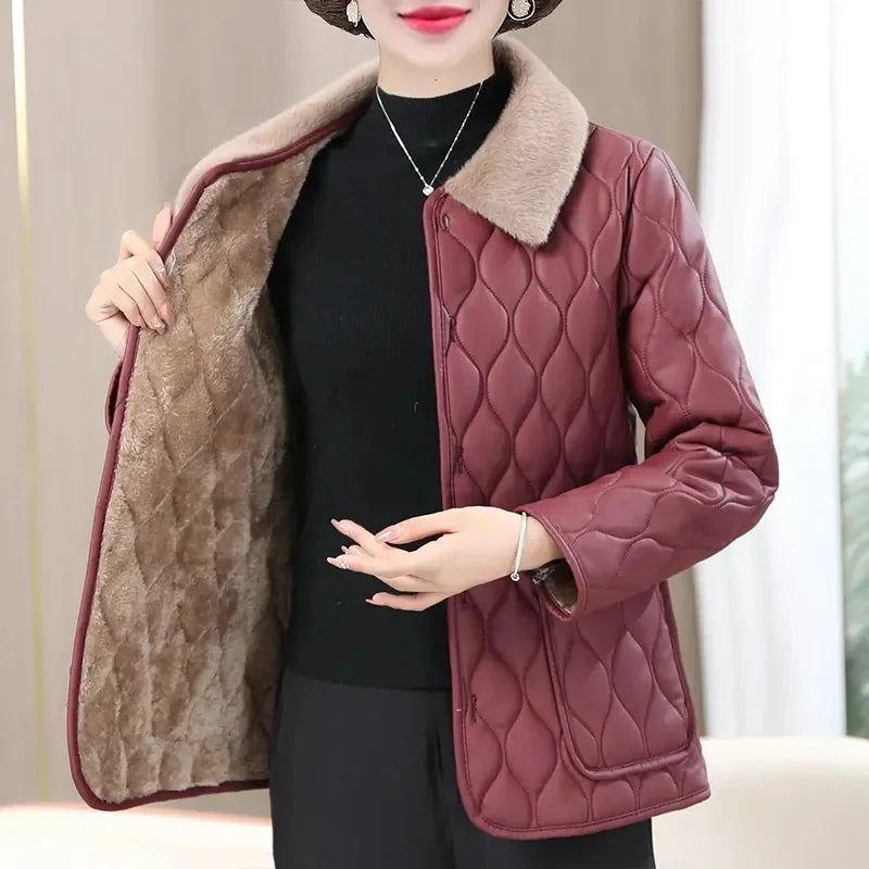 Winter Plush Jacket Plus Size Loose Thick Fur Collar Coat for Mid-Aged Women Velvet Quilted Warm Coat