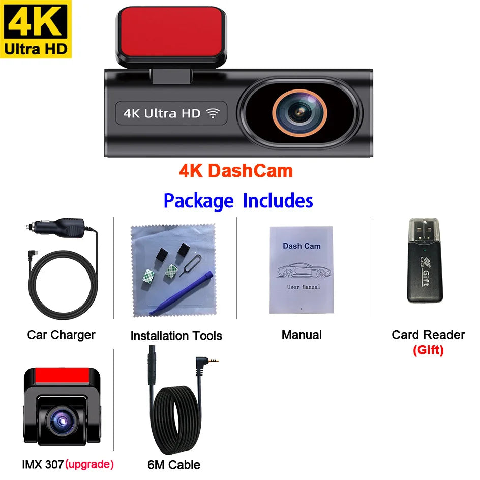 Ultra HD 4K Dash Cam – Loop Recording, 24H Parking Monitoring, Night Vision, Rear Camera Support, WiFi & APP Control
