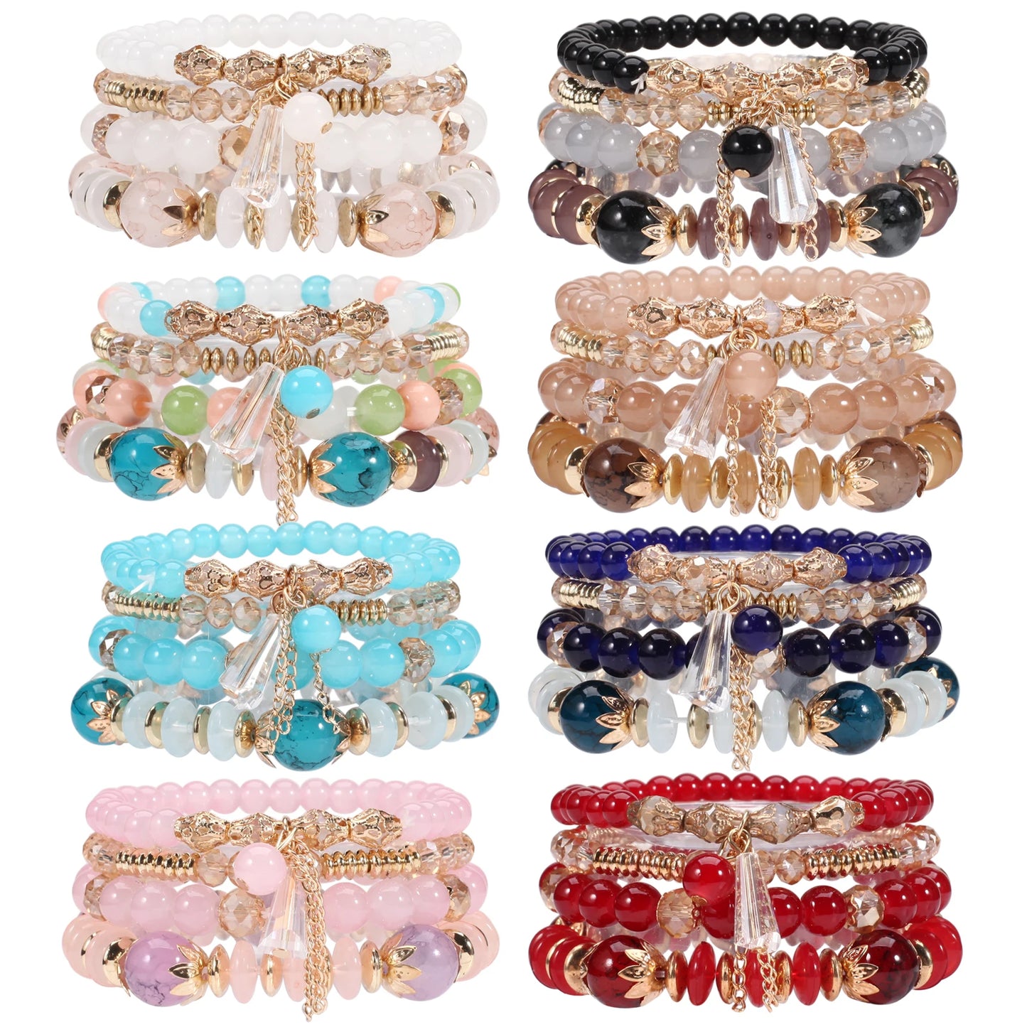 Bohemian Stackable Bead Bracelets for Women – Multilayered Stretch Bangles with Pendant Charms