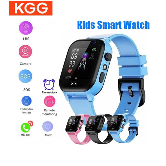 Blue kids smart watch with features and KGG branding on a white background