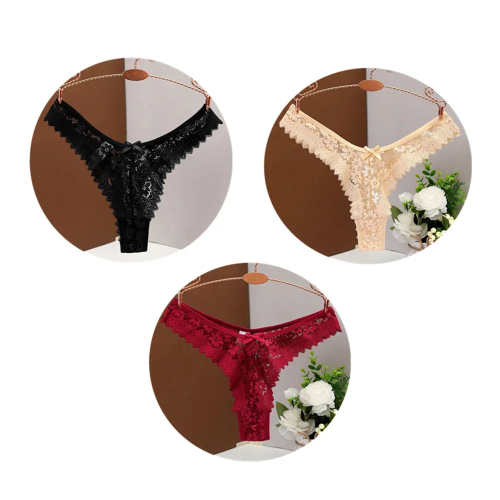 3PC Sexy T-Back Thong Panties for Women – Mid Waist Lace Transparent V-Shape Underwear