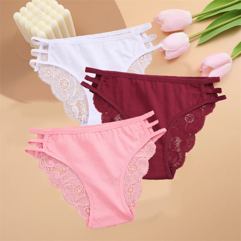 FINETOO 3PCS Women's Lace Floral Low-Waist Triple Belt Panties Soft Sexy Lingerie Underwear