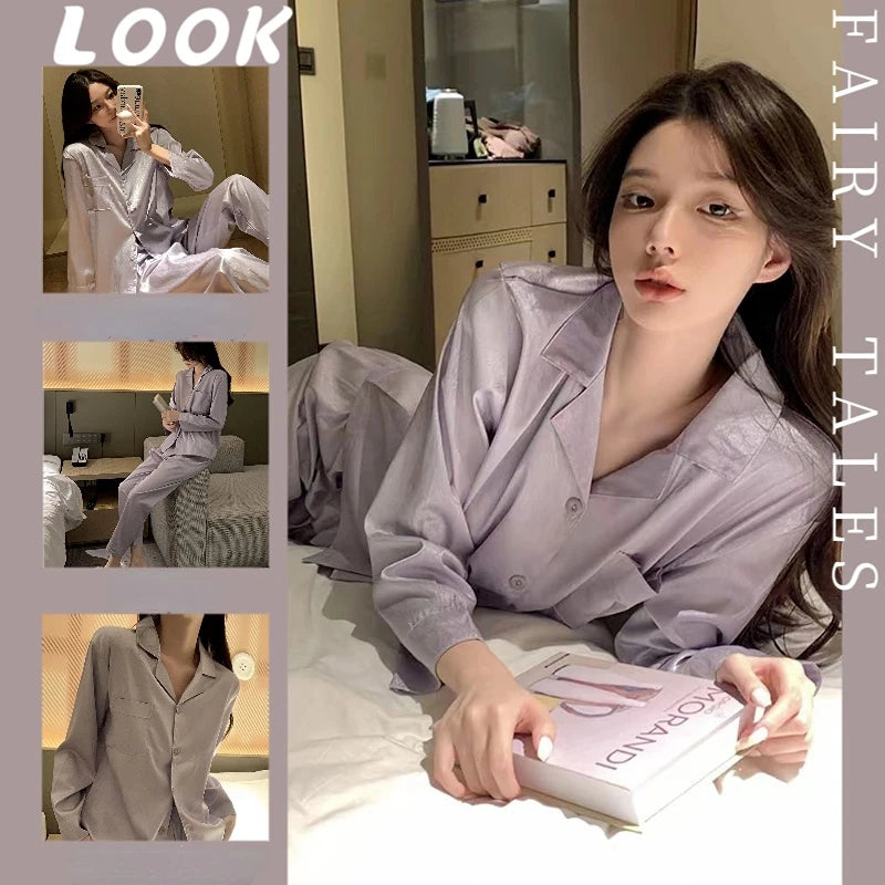 Women’s Silk Satin Pajamas Set – Two-Piece Sleepwear with Lace Trim, Sweet Home Loungewear for Spring & Autumn