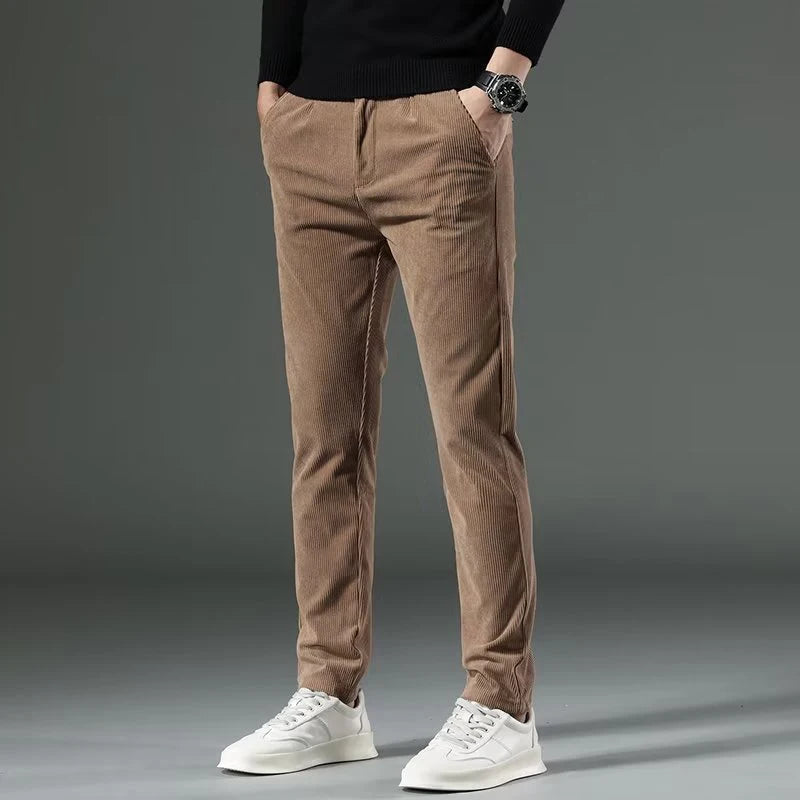 Men's High-Quality Corduroy Thermal Pants – Khaki Narrow Leg Casual Autumn Winter Trousers