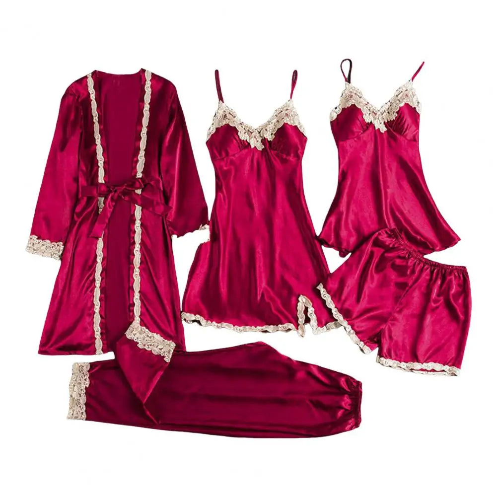 Long & Short Nightgown Set – Elegant Satin Lace 5PCS Women’s Pajama Set with Lace-Up Waist, Silky Comfortable Nightwear