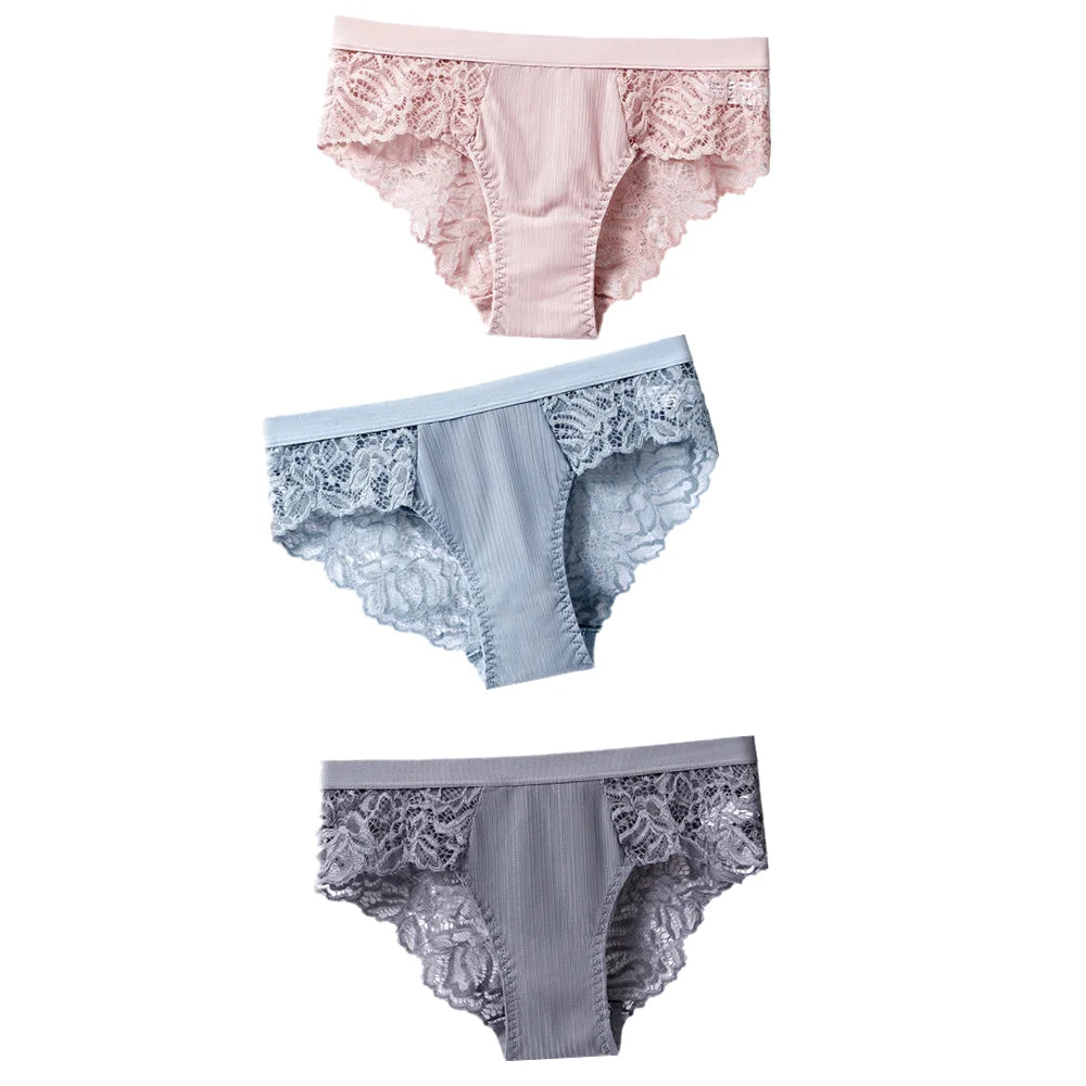 3Pcs Cotton Lace Panties for Women - Sexy Floral Briefs Underwear Lingerie Plus Size