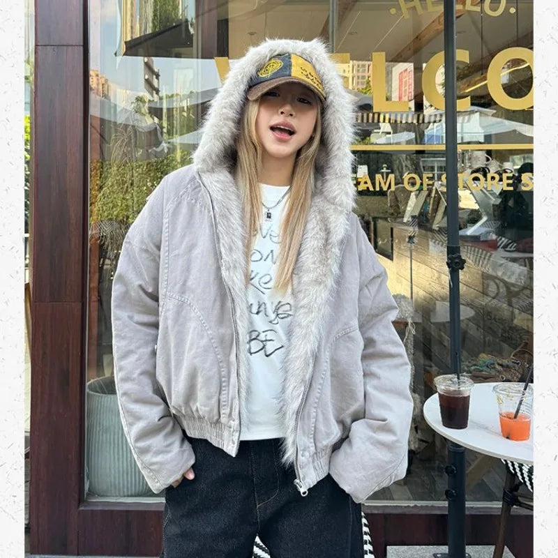 American Retro Fur Collar Hooded Jacket Women Y2K Streetwear Winter Velvet Thickened Warm Harajuku Loose Casual Jacket