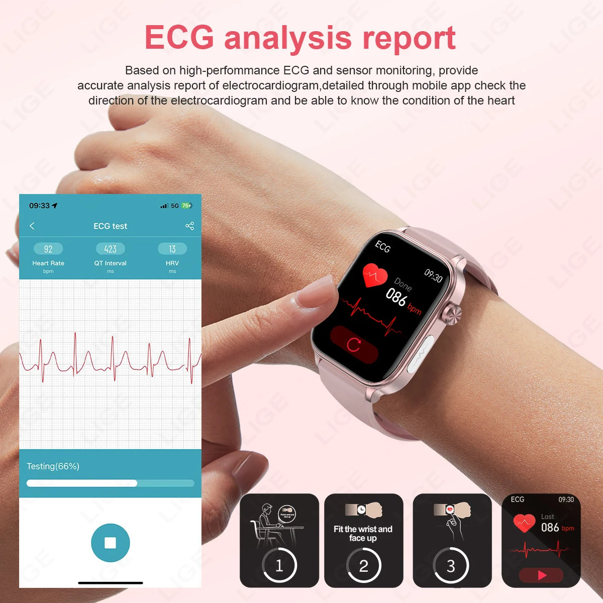 ساعة LIGE ECG+PPG الذكية للنساء | جهاز مراقبة دهون الدم وحمض اليوريك، وتشخيص الصحة بالذكاء الاصطناعي، وتتبع درجة حرارة الجسم والدورة الشهرية