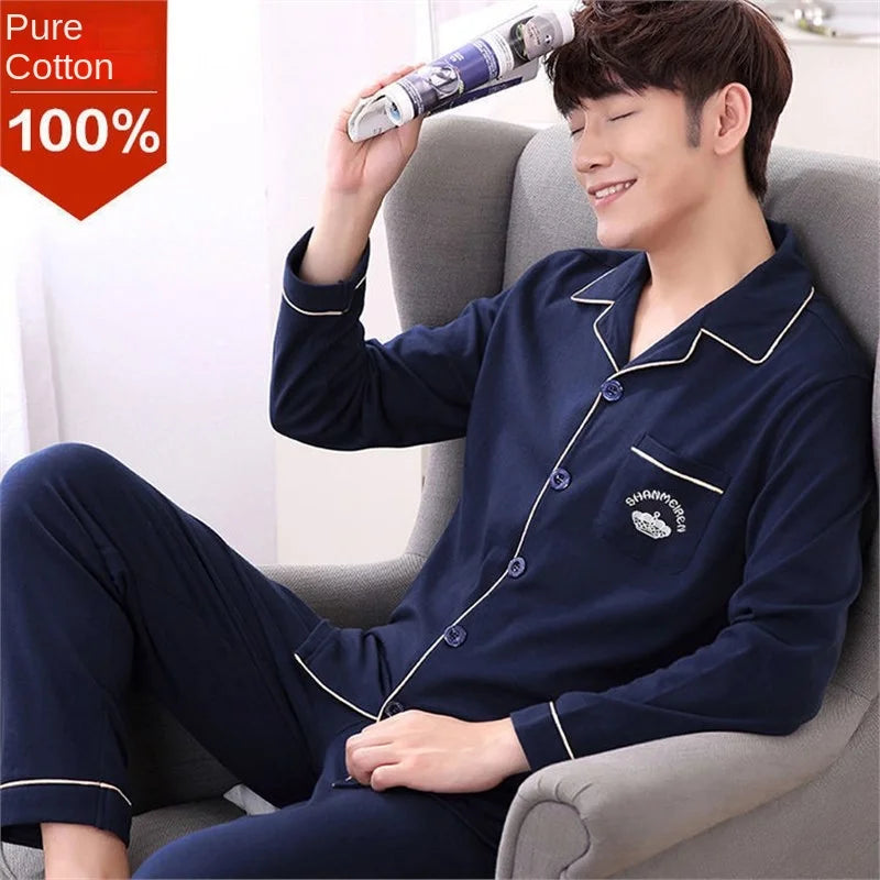 Men's Fall & Winter Cotton Pajama Set | Long Sleeve Top & Pants | Thin Comfortable Homewear for Middle-Aged Men