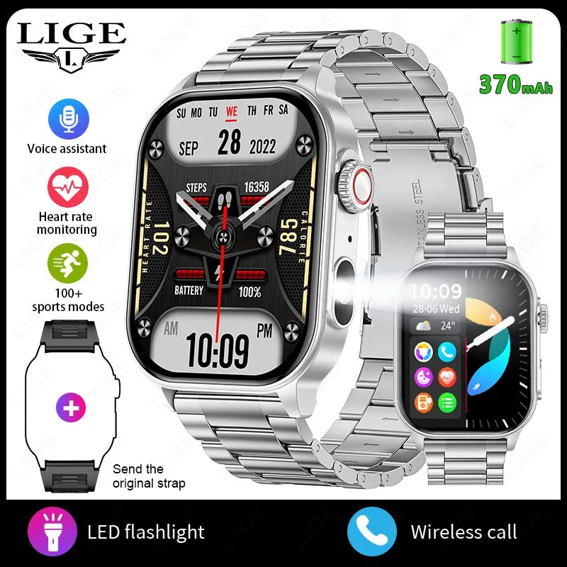 LIGE New Smart Watch | 2.01” HD Screen, AI Voice, Bluetooth Call, Flashlight, Sports & Health Monitor Smartwatch